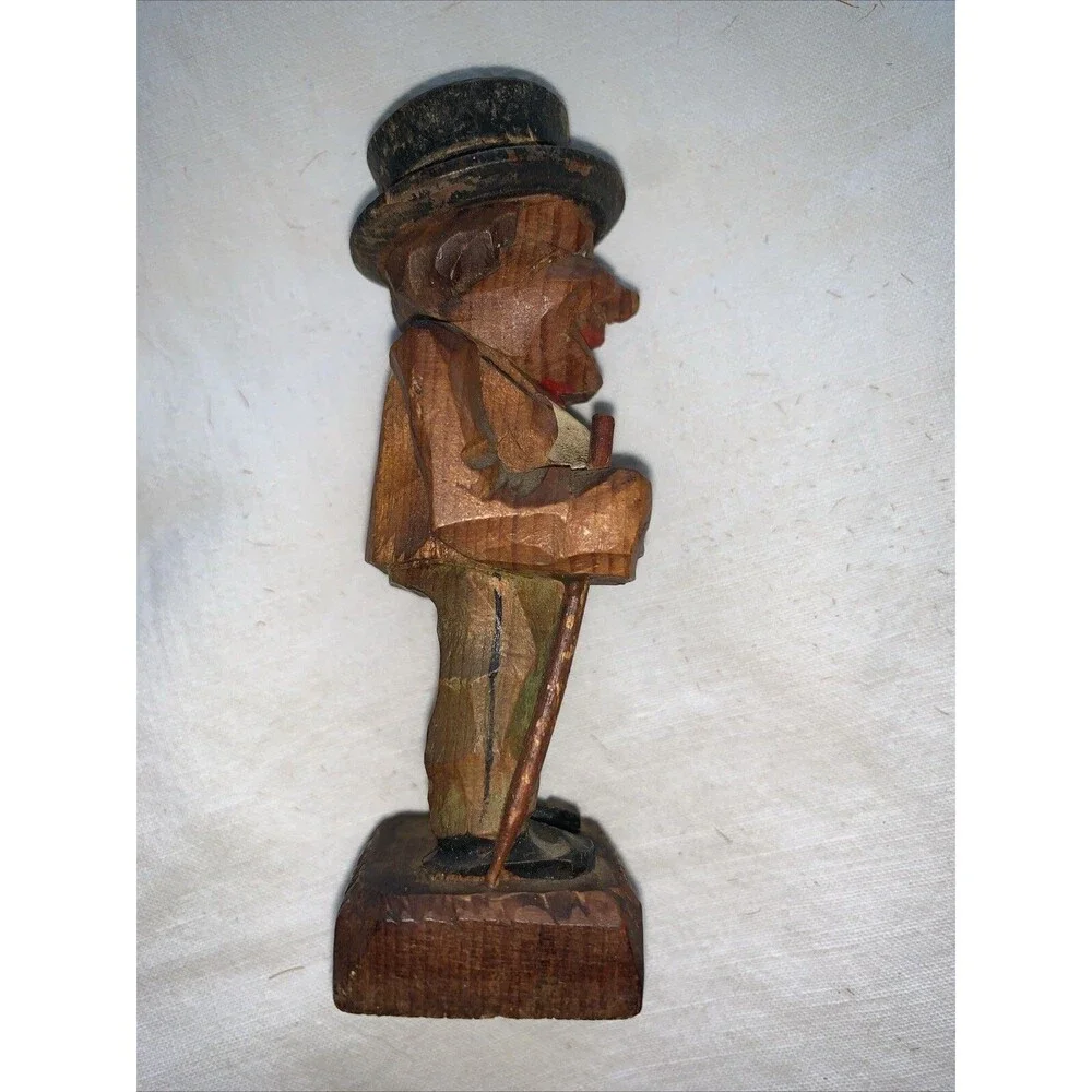 Vintage Hand Carved Wooden Man FolkArt Villager Figurine Top Hat Cane ANRI Style
